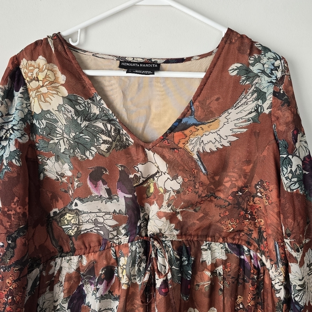 Hemant & Nandita Zeri Tiered Floral Bird Print Peasant Dress 8 Ruffle Sleeves - Picture 4 of 14